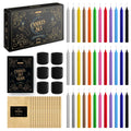set of 36 colored taper candles with six black holders, parchment sheets, guidebook, and box.
