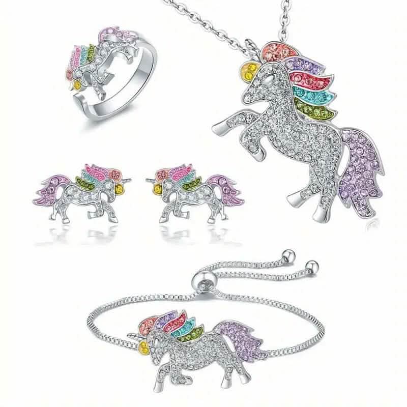 Unicorn Jewelry Set – Earrings, Necklace, Ring & Bracelet | Silver & Gold | 4-Piece