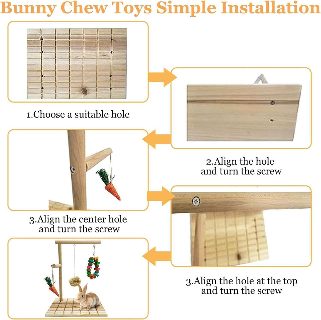 Step-by-step installation guide for bunny chew toys with wooden elements and a carrot toy.