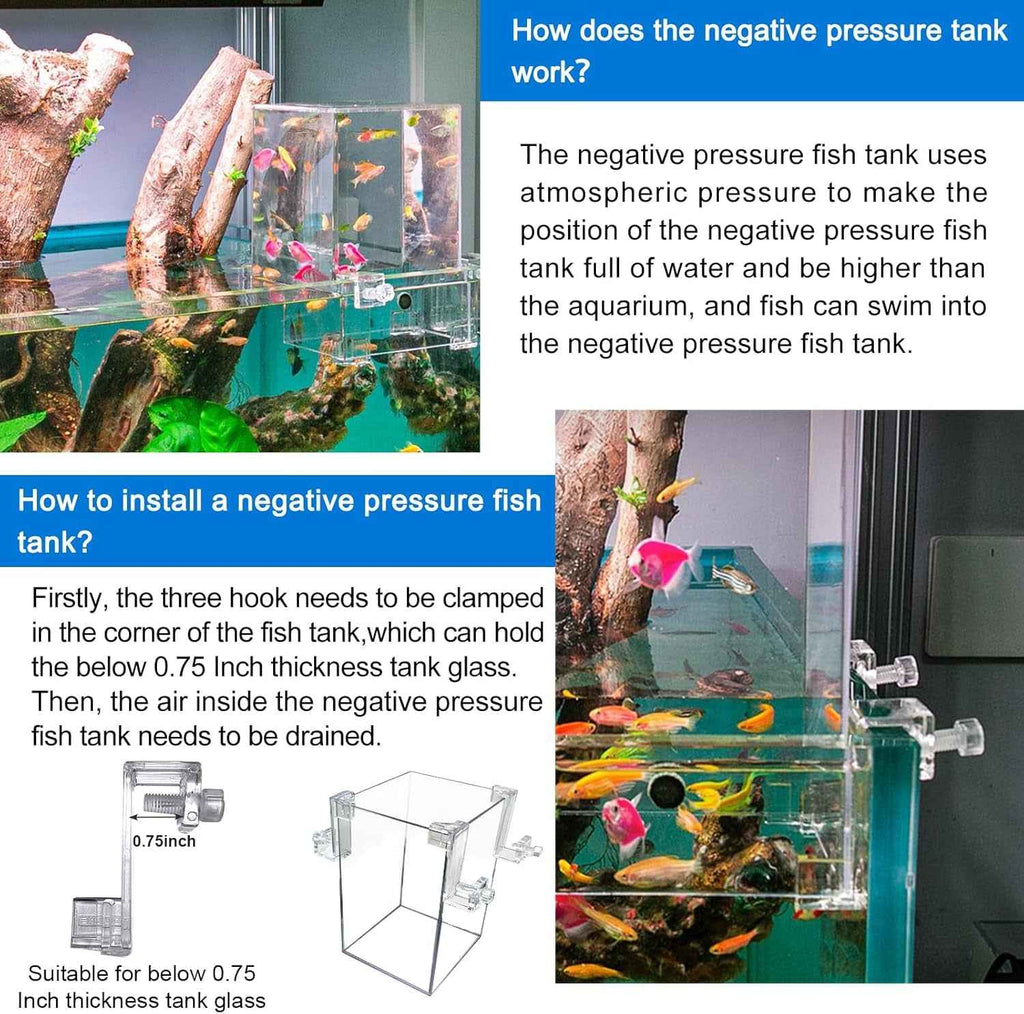 Instructional graphic for installing a negative pressure fish tank, showing a labeled aquarium setup with text explaining how the tank works and how to install the hook, plus a small diagram of the hook and tank.