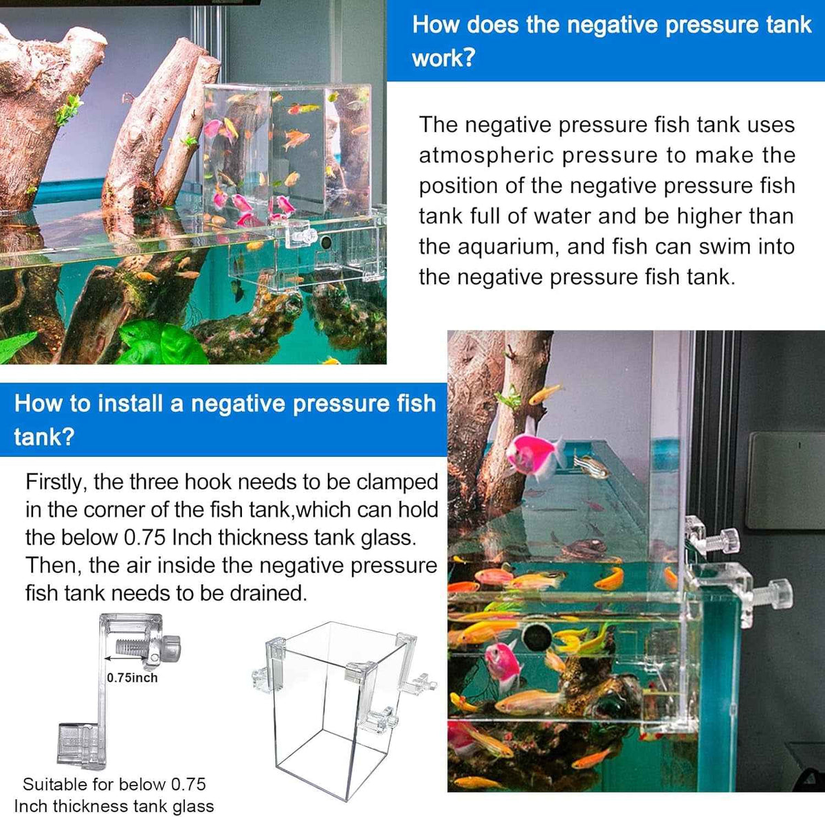 Instructional graphic for installing a negative pressure fish tank, showing a labeled aquarium setup with text explaining how the tank works and how to install the hook, plus a small diagram of the hook and tank.