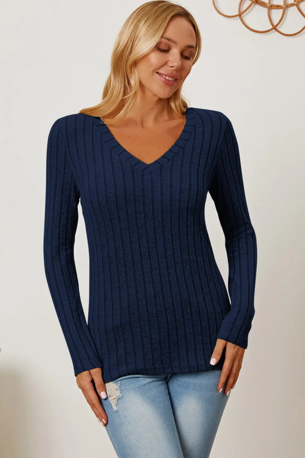 Basic Bae Ribbed V-Neck Long Sleeve Top