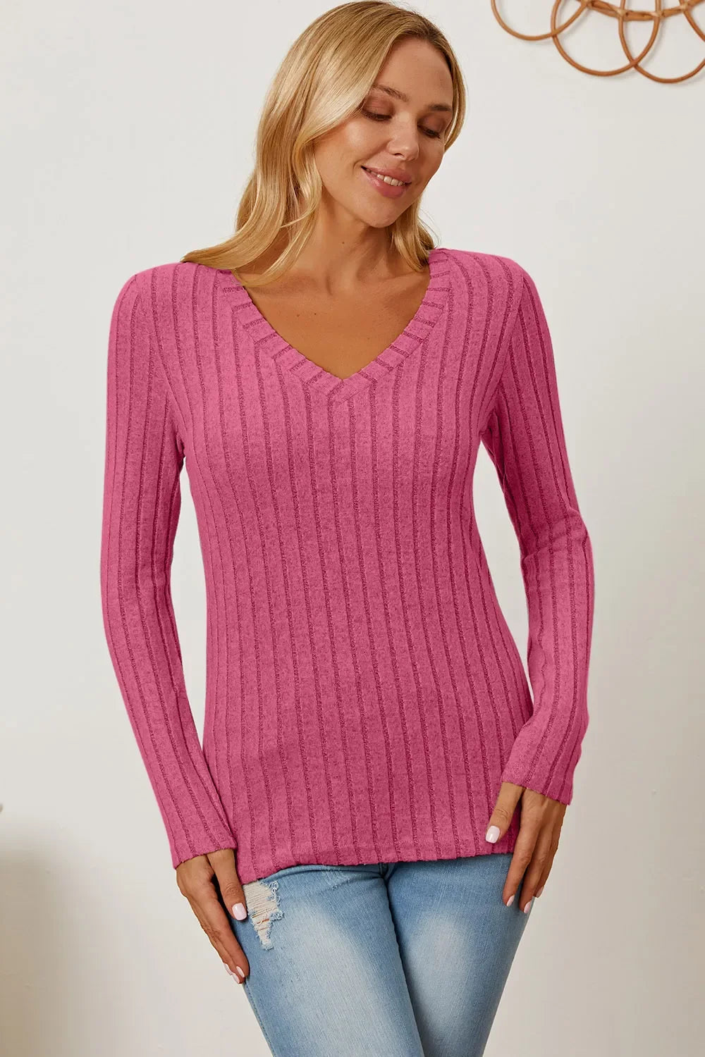Ribbed V-Neck Long Sleeve Top