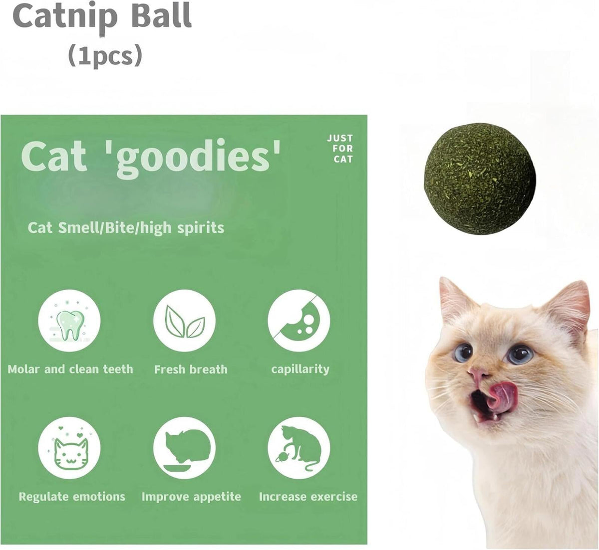 A green square package labeled 'Cat 'goodies' with icons for cat benefits, shown beside a small cat ball and a real cat licking its lips on a white background.