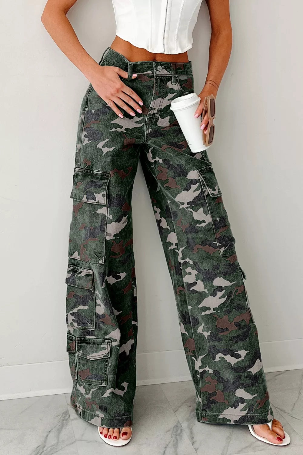 Women's High Waist Camo Print Cargo Pants with Multiple Pockets