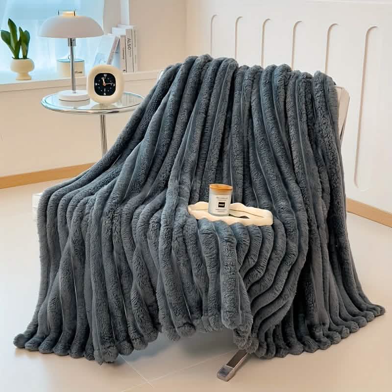 Ultra-Soft Double-Sided Fleece Blanket – Gray Striped | All-Season Comfort