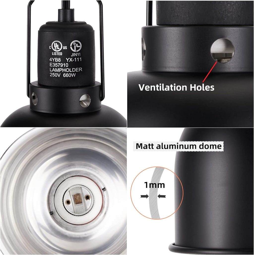 Lamp detail collage showing socket, ventilation holes and aluminum dome construction
