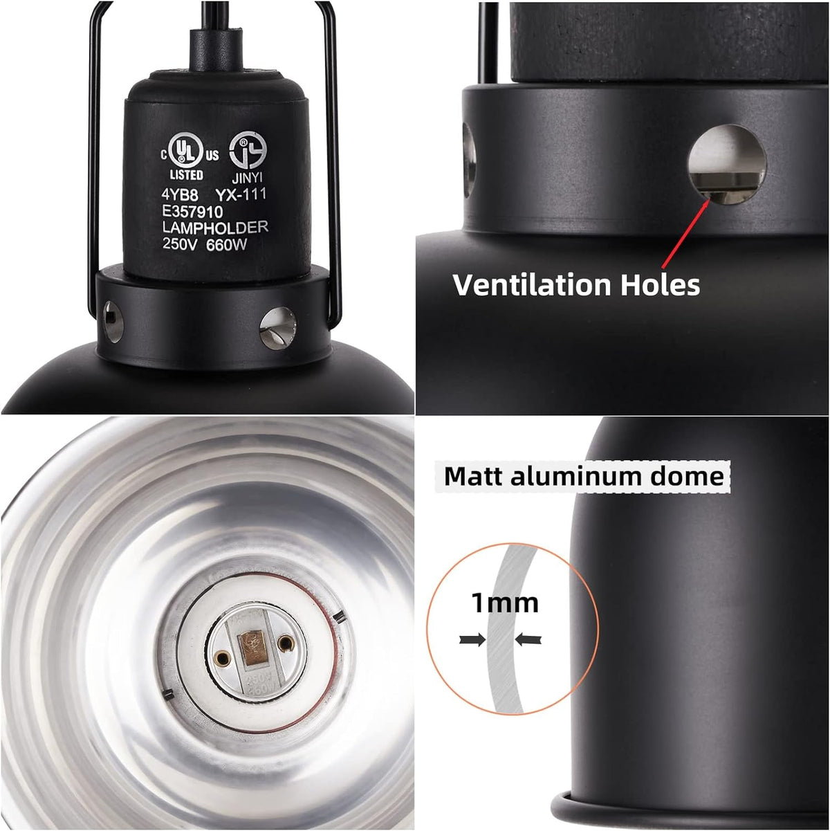 Lamp detail collage showing socket, ventilation holes and aluminum dome construction
