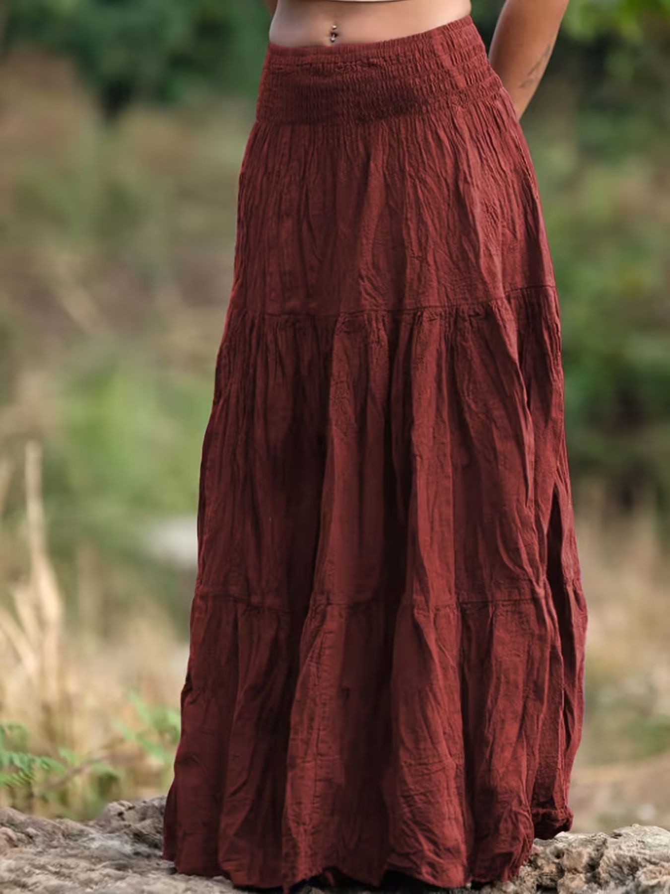 Women's Ruched Tiered Maxi Skirt | Bohemian Flowy Long Skirt