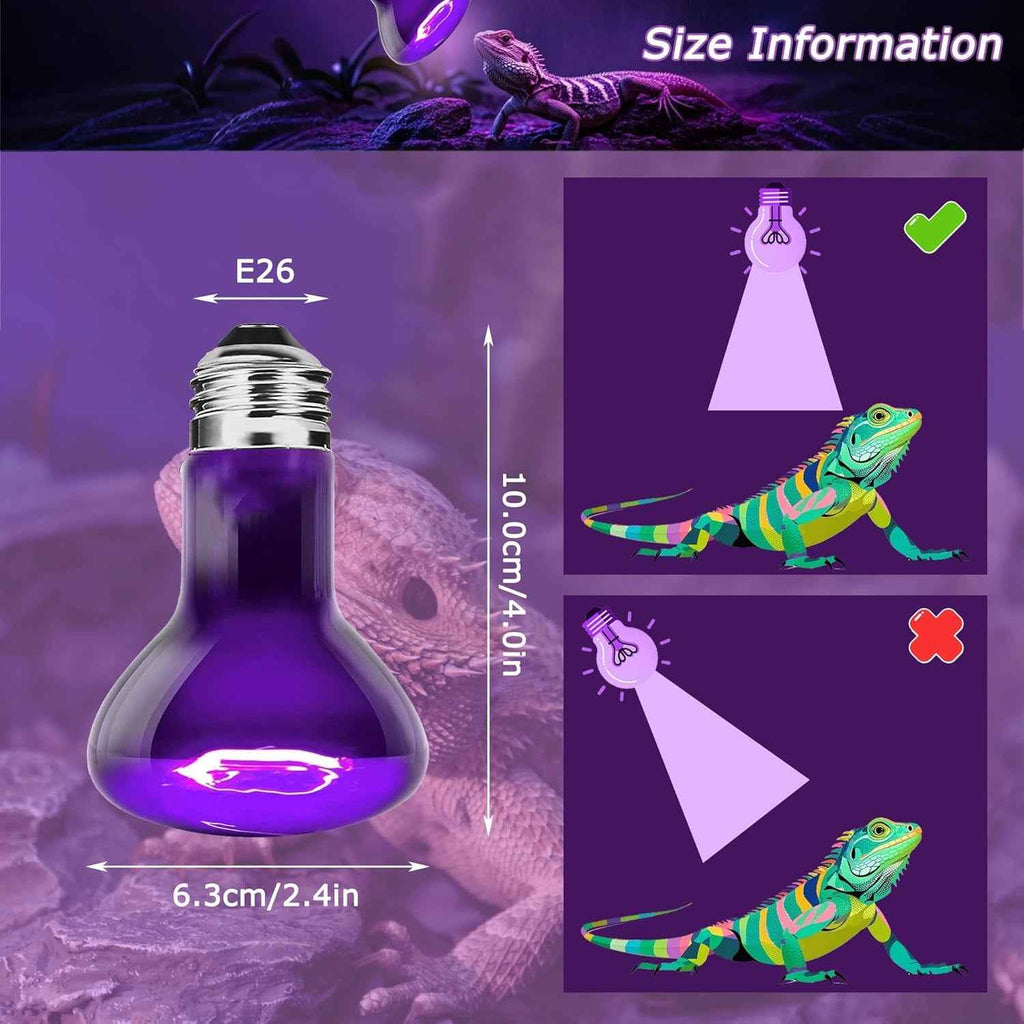 Purple LED reptile lamp bulb with size information annotations, showing a 10.0cm/4.