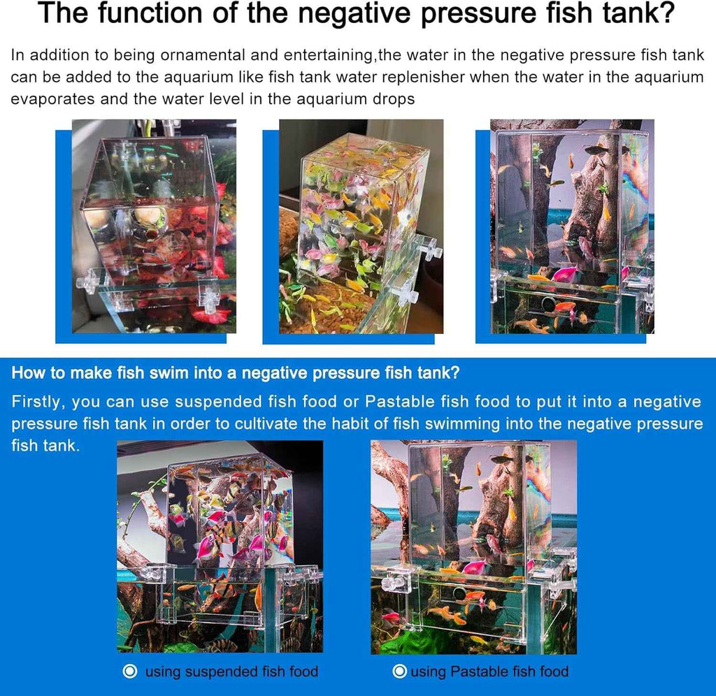 An informational infographic explaining the function and use of a negative pressure fish tank, featuring five photos of clear acrylic aquariums with fish, plants, and decorative elements, accompanied by explanatory text in English.