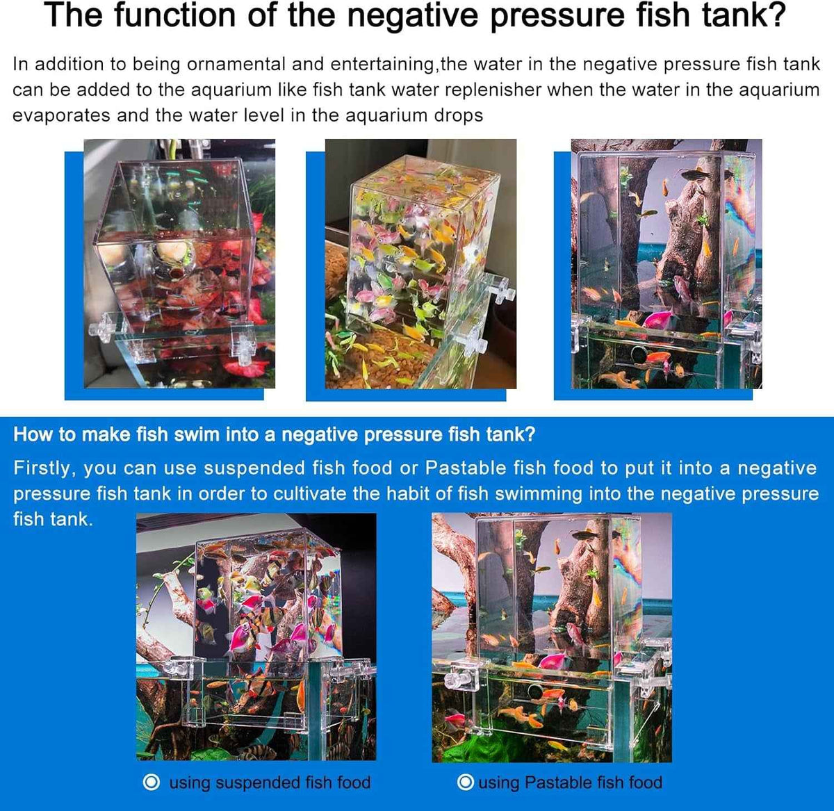 An informational infographic explaining the function and use of a negative pressure fish tank, featuring five photos of clear acrylic aquariums with fish, plants, and decorative elements, accompanied by explanatory text in English.