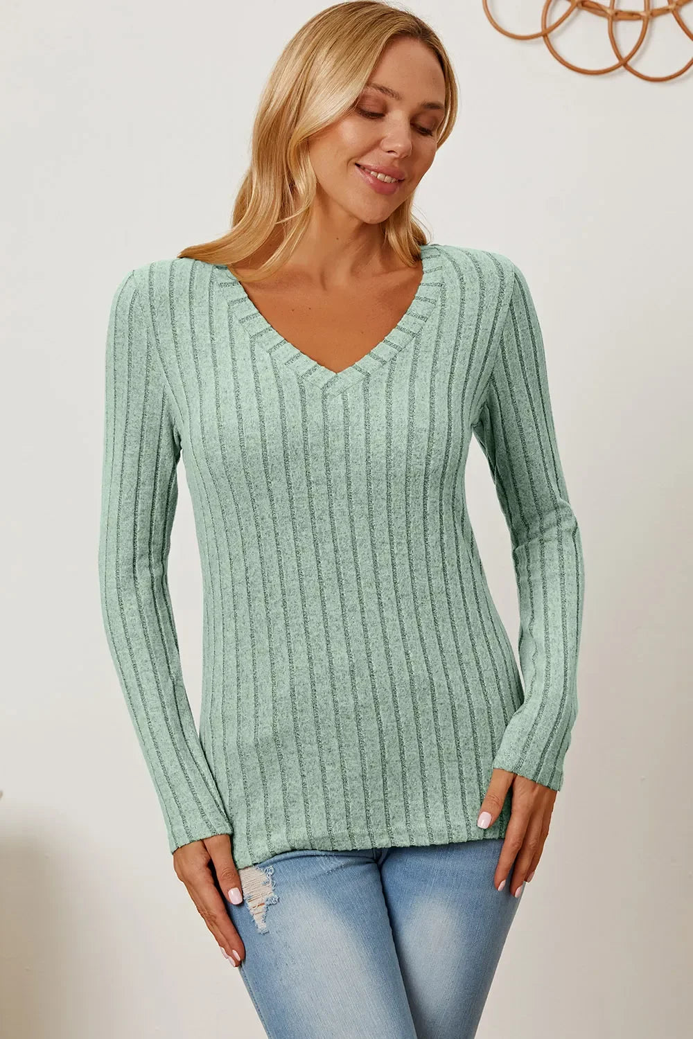 Basic Bae Ribbed V-Neck Long Sleeve Top