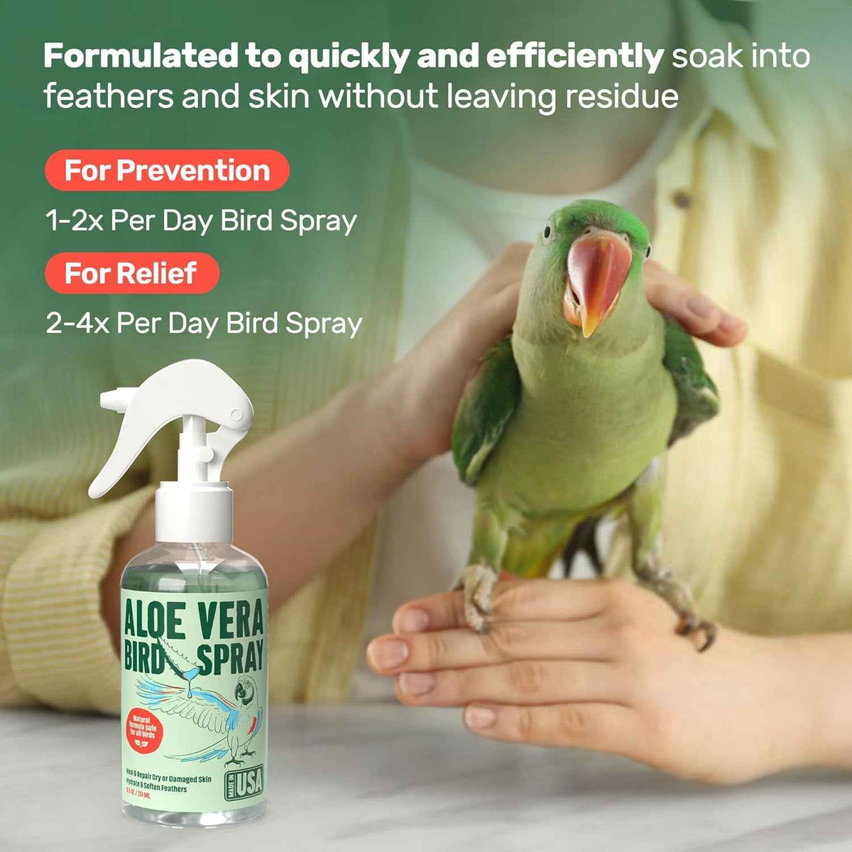 Aloe vera bird spray bottle with a green parrot on a hand against a blurred background