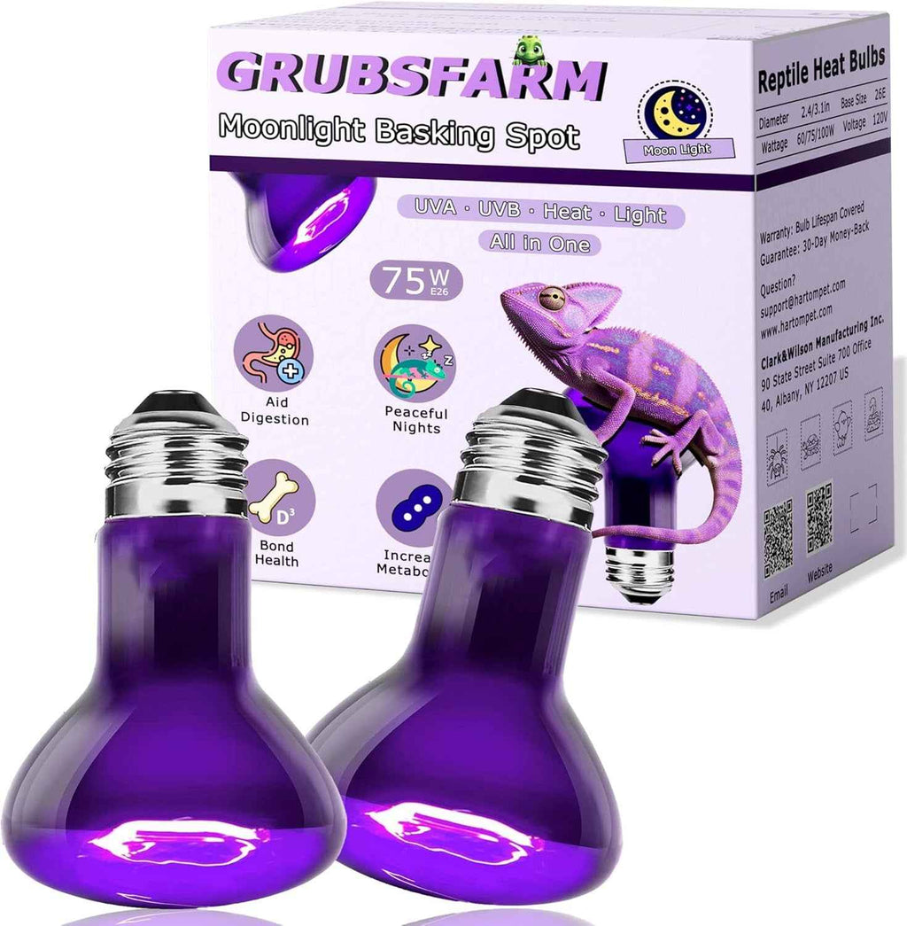 Two purple heat bulbs with GrubsFarm packaging in the background.
