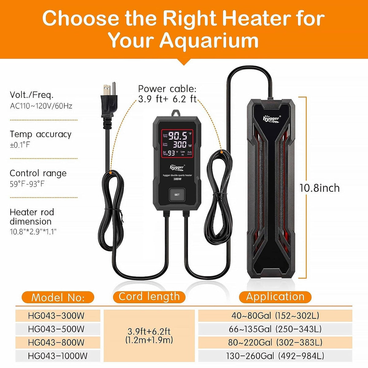 Aquarium heater with power cable and specifications on a white background
