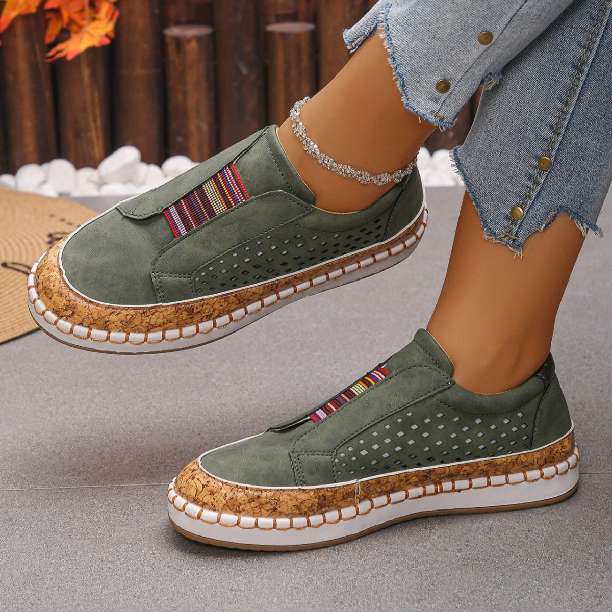 Women's Casual Slip-On Sneakers with Cork Trim Detail