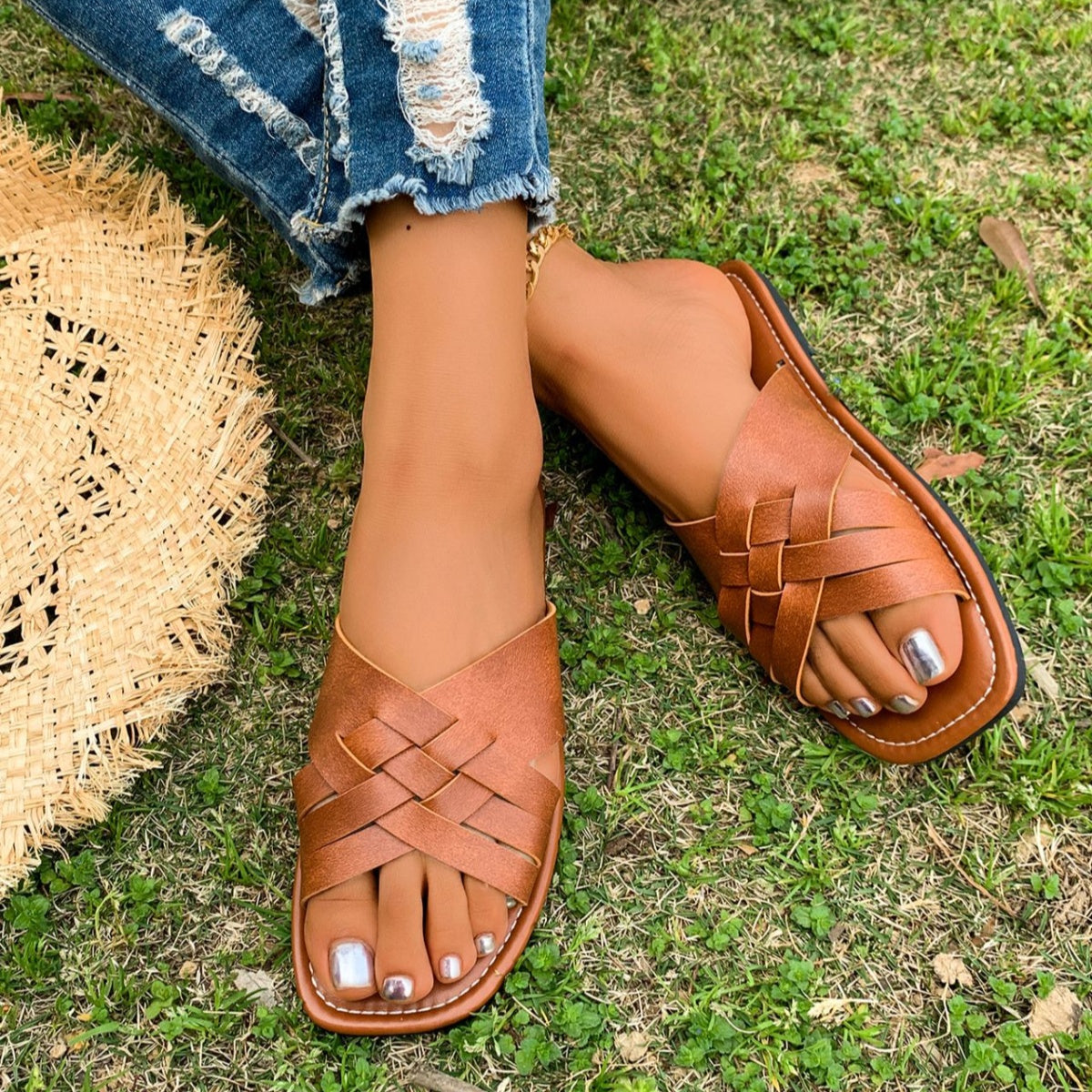 Women's Woven Open Toe Sandals | Bohemian Leather Flats