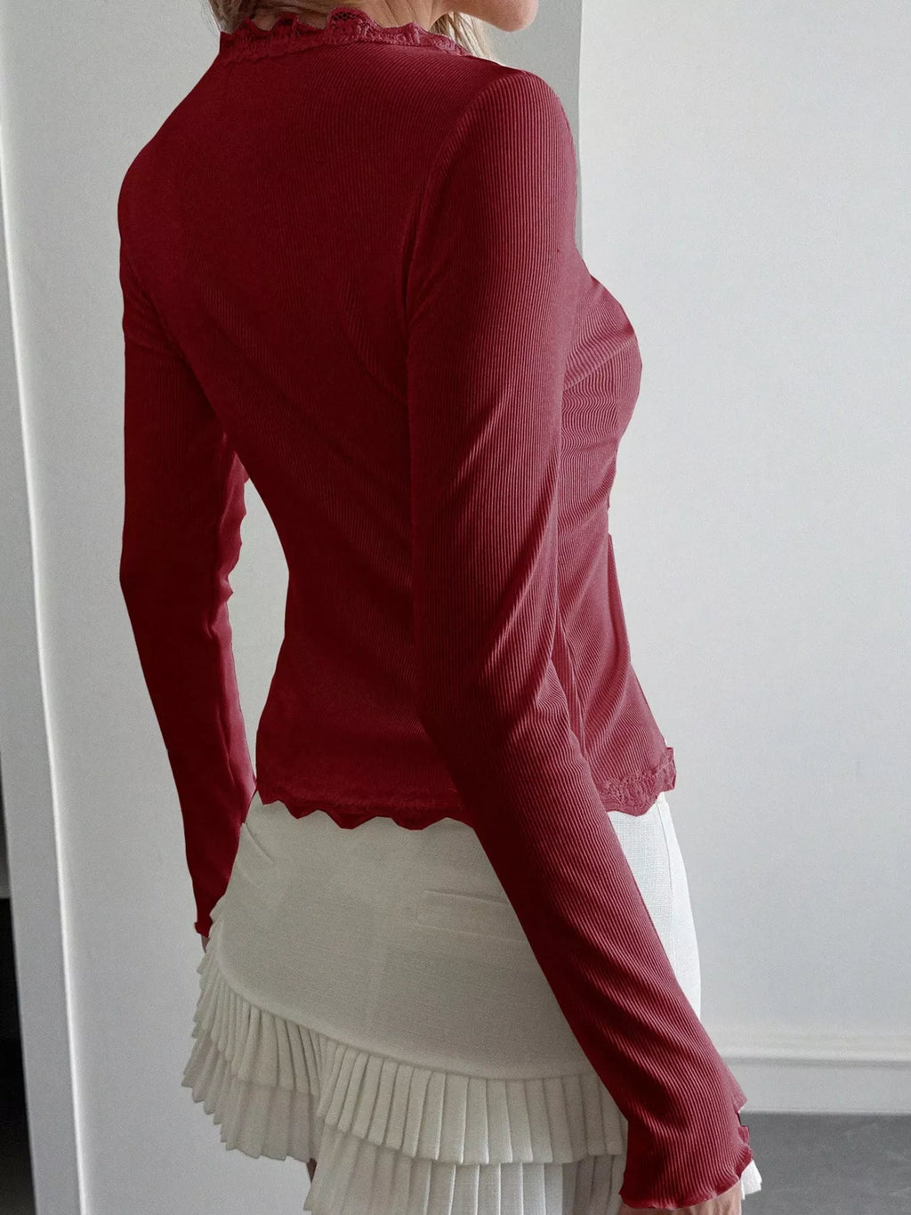 Lace Trim Long Sleeve Ribbed Buttoned Top