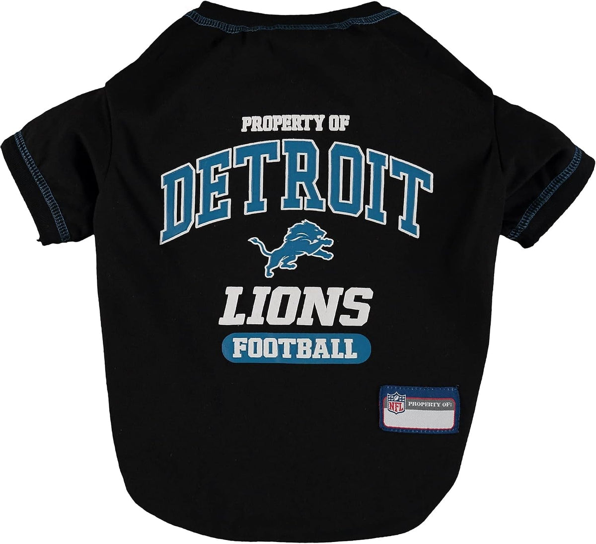 Black pet shirt featuring Detroit Lions Football graphics, including the team logo and text, with a small NFL authenticity patch on the lower right.