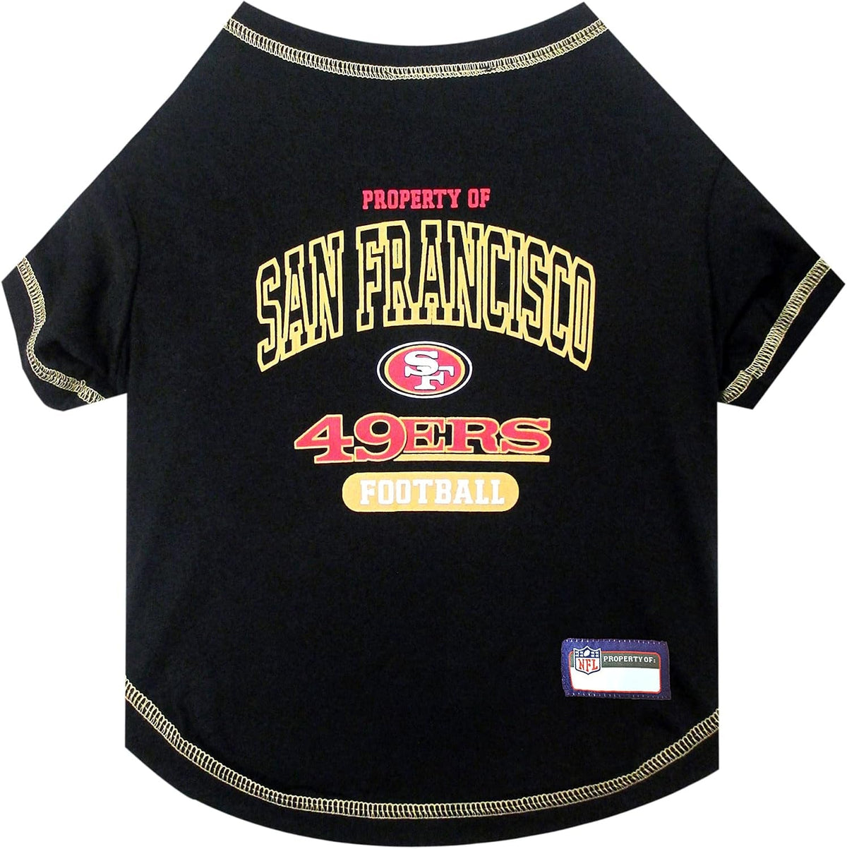 A black dog t-shirt featuring San Francisco 49ers graphics, including the team logo and 'PROPERTY OF SAN FRANCISCO 49ERS FOOTBALL' text, with gold and red accents and gold contrast stitching.