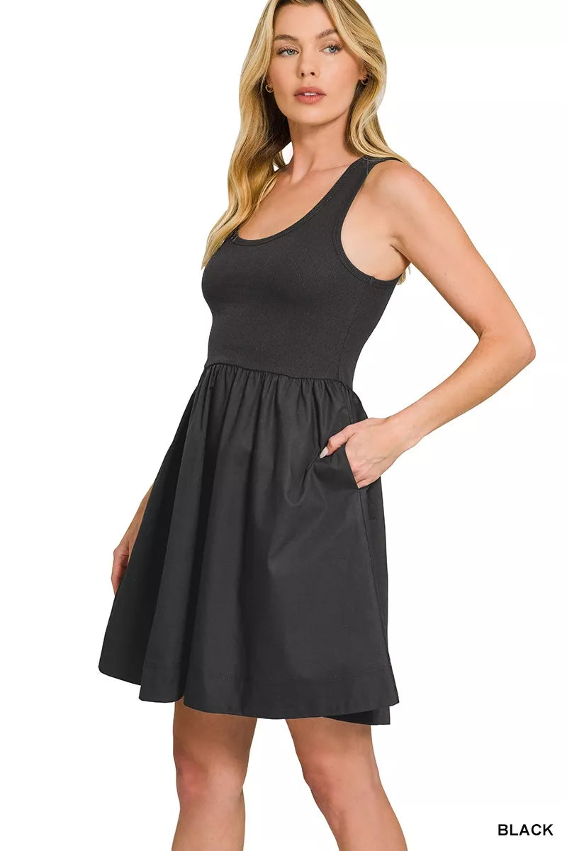 Zenana Mixed Knit & Woven Midi Dress | Black
