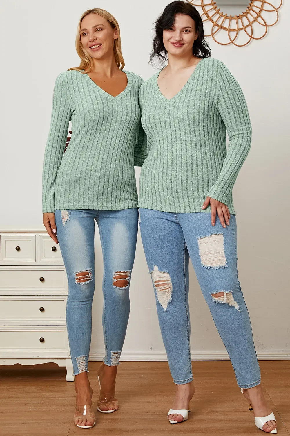 Basic Bae Ribbed V-Neck Long Sleeve Top