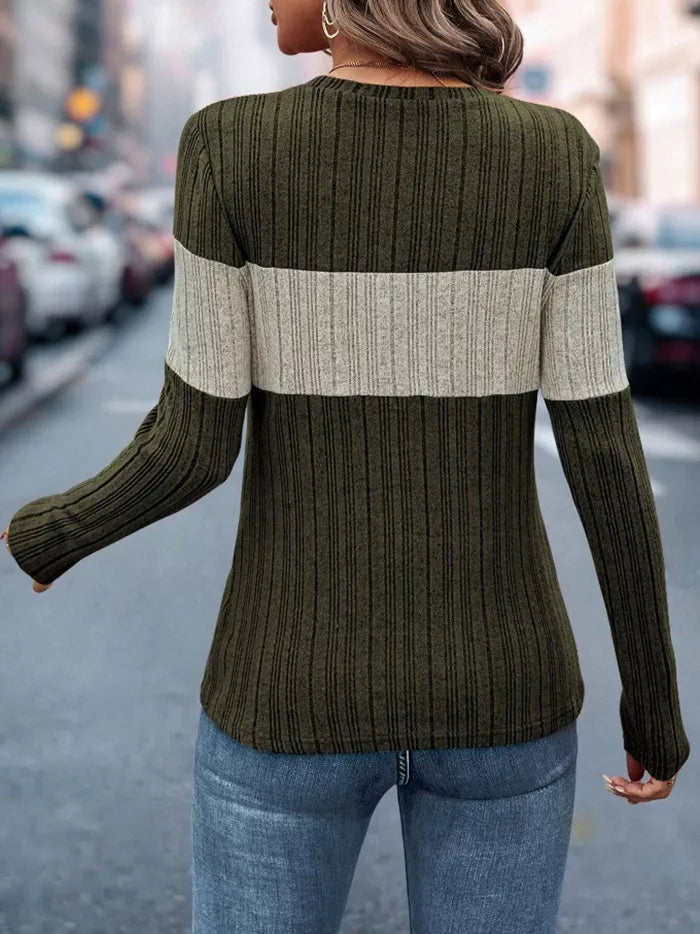 Women's Color Block Ribbed Knit Long Sleeve T-Shirt
