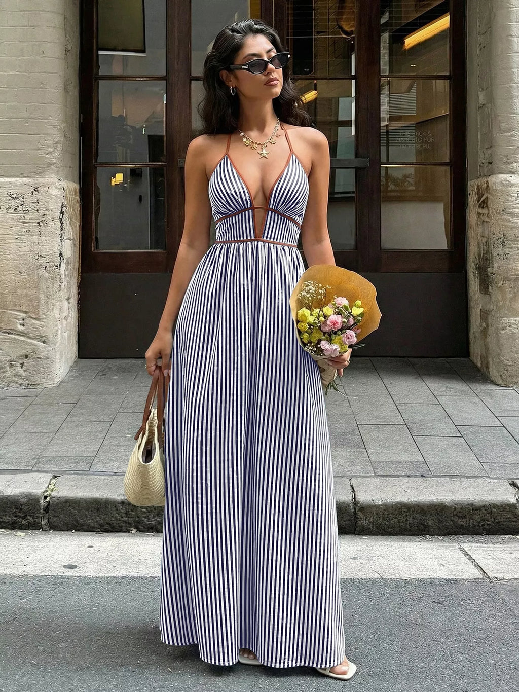 Striped Halter Neck Smocked Maxi Dress