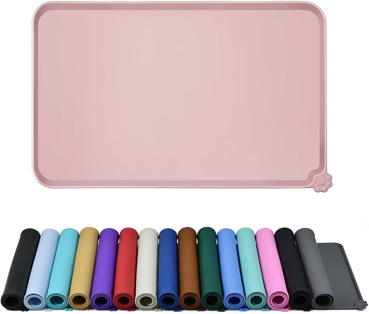 A rectangular pink silicone mat with rounded corners is shown above a row of rolled mats in multiple colors on a white background.