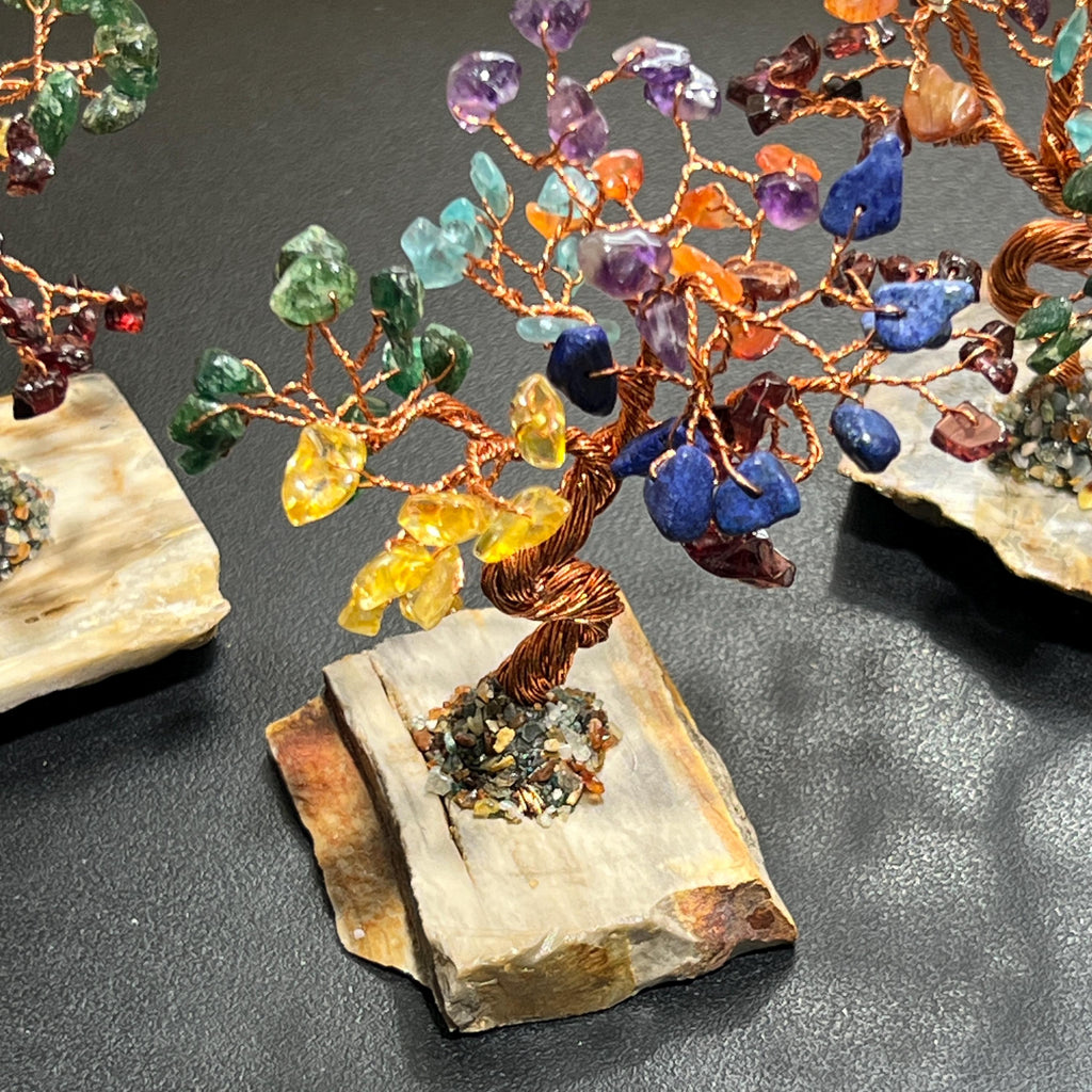 Multicolor Gemstone Bonsai Tree on Petrified Wood Base