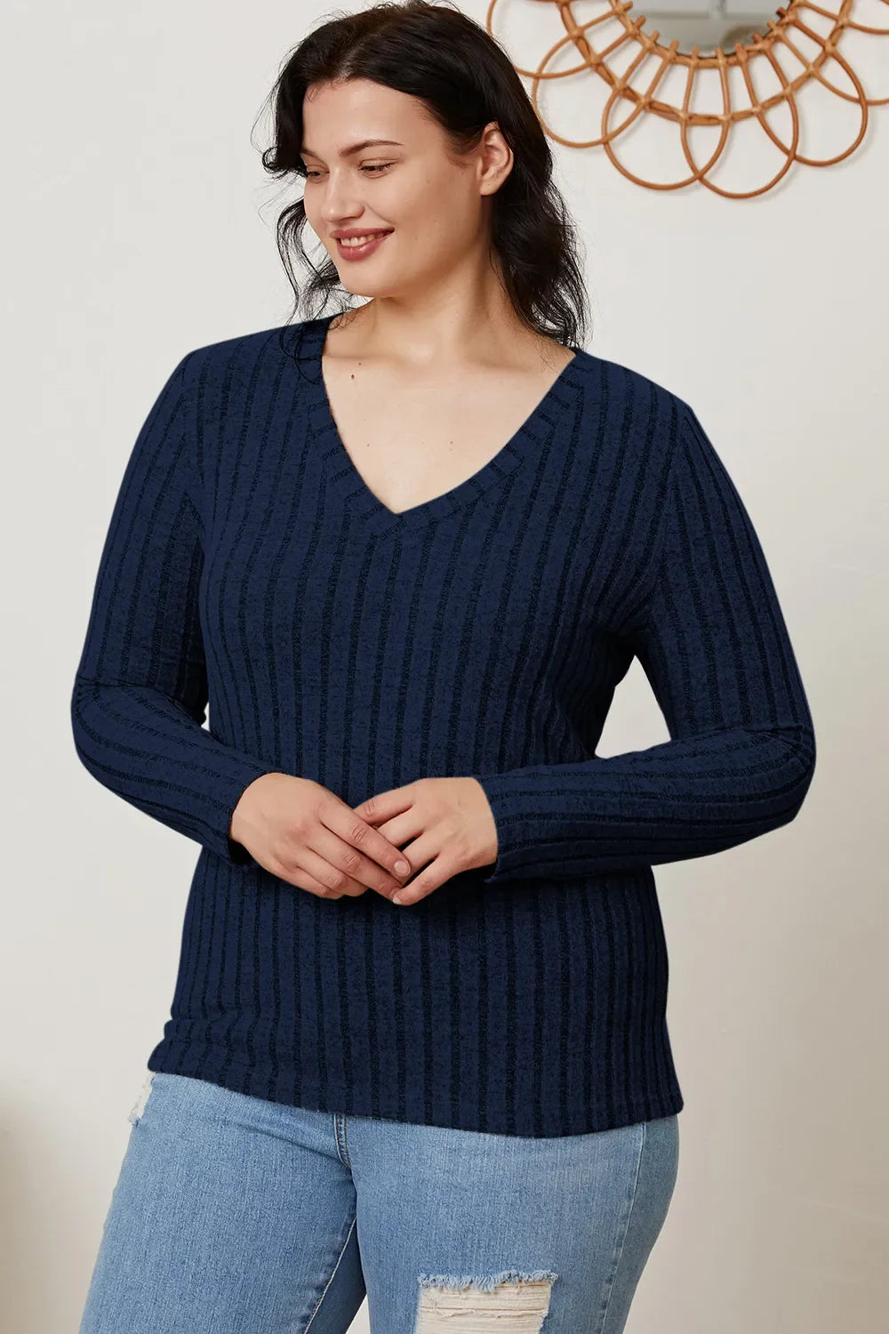 Basic Bae Ribbed V-Neck Long Sleeve Top