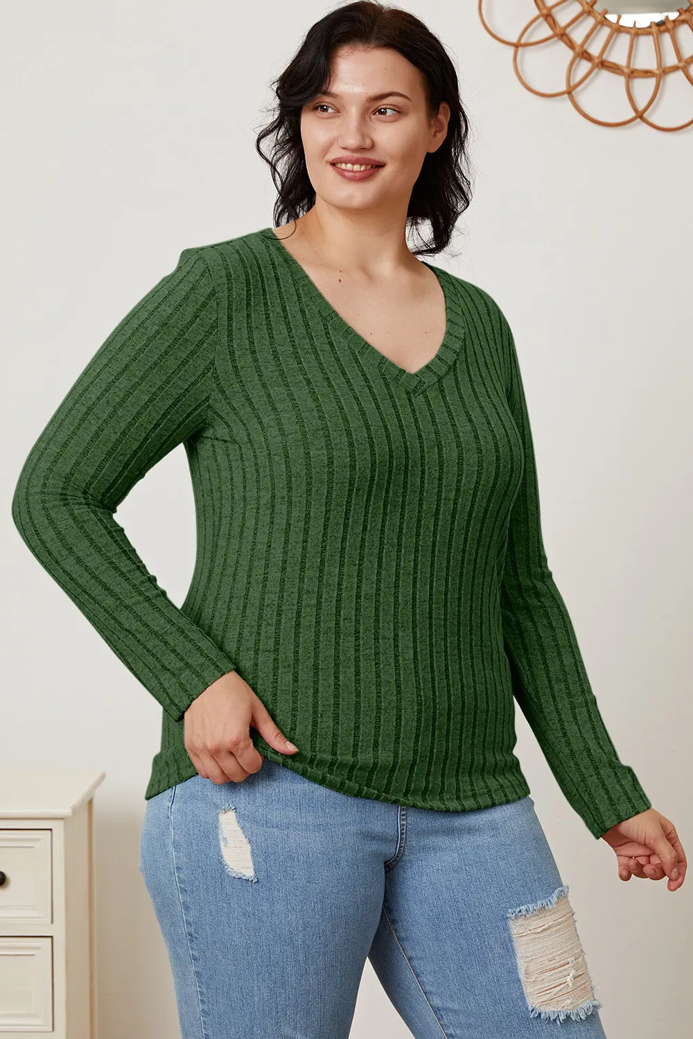 Basic Bae Ribbed V-Neck Long Sleeve Top
