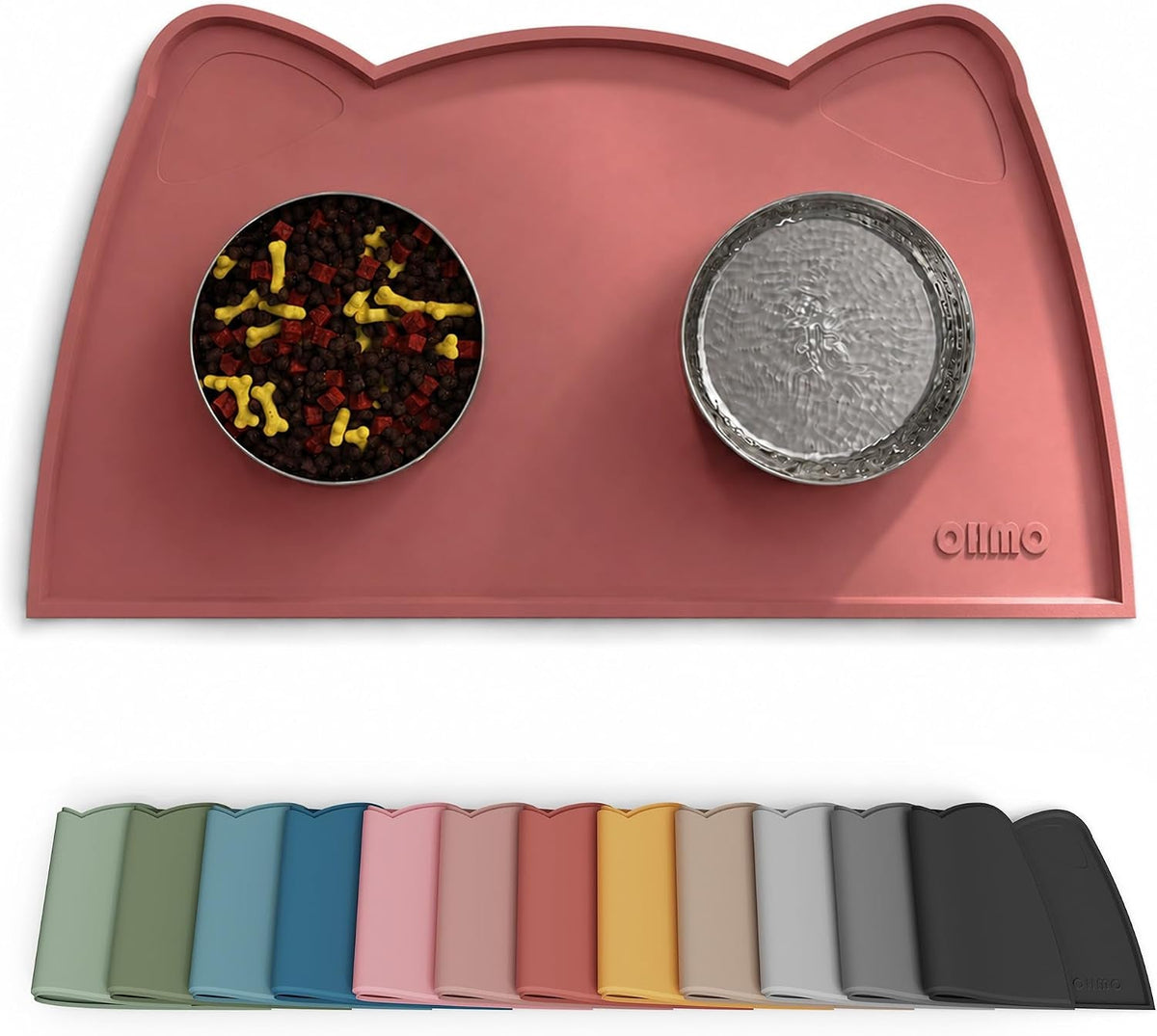 A cat-shaped silicone feeding mat in a dusty rose color, shown with two bowls (one filled with pet food, one empty) on a white background. Below the main product, a row of color swatches displays other available colors.