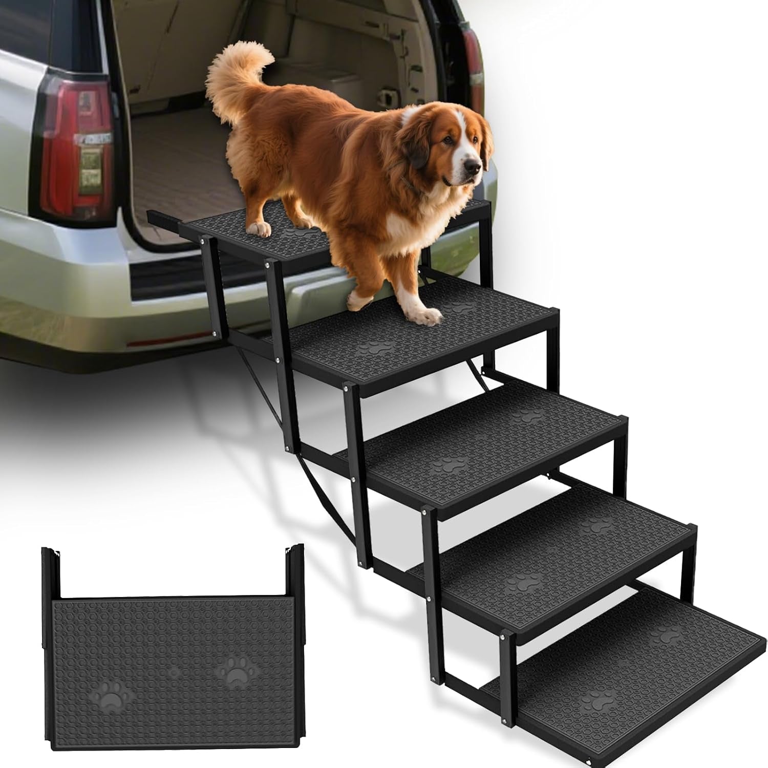 Heavy Duty Dog Car Stairs – Foldable 5-Step Pet Steps for Large Dogs | Up to 220 lbs