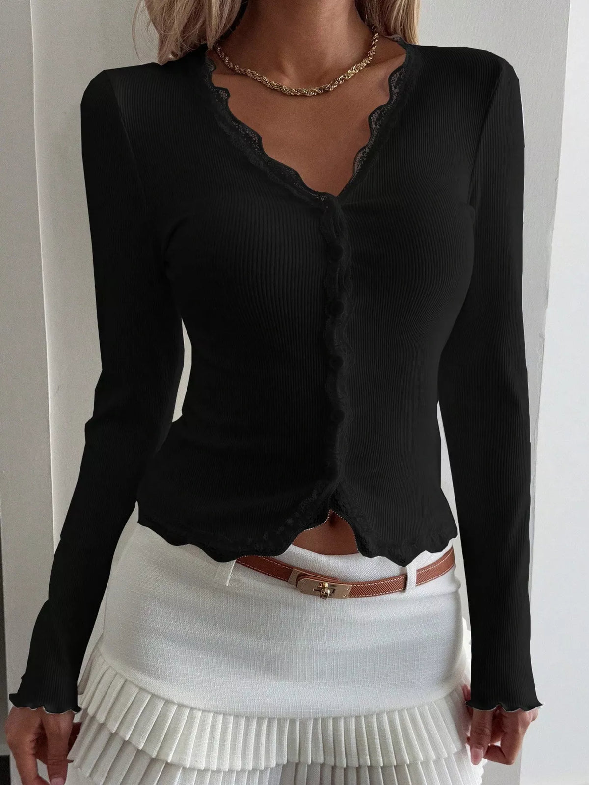 Lace Trim Long Sleeve Ribbed Buttoned Top