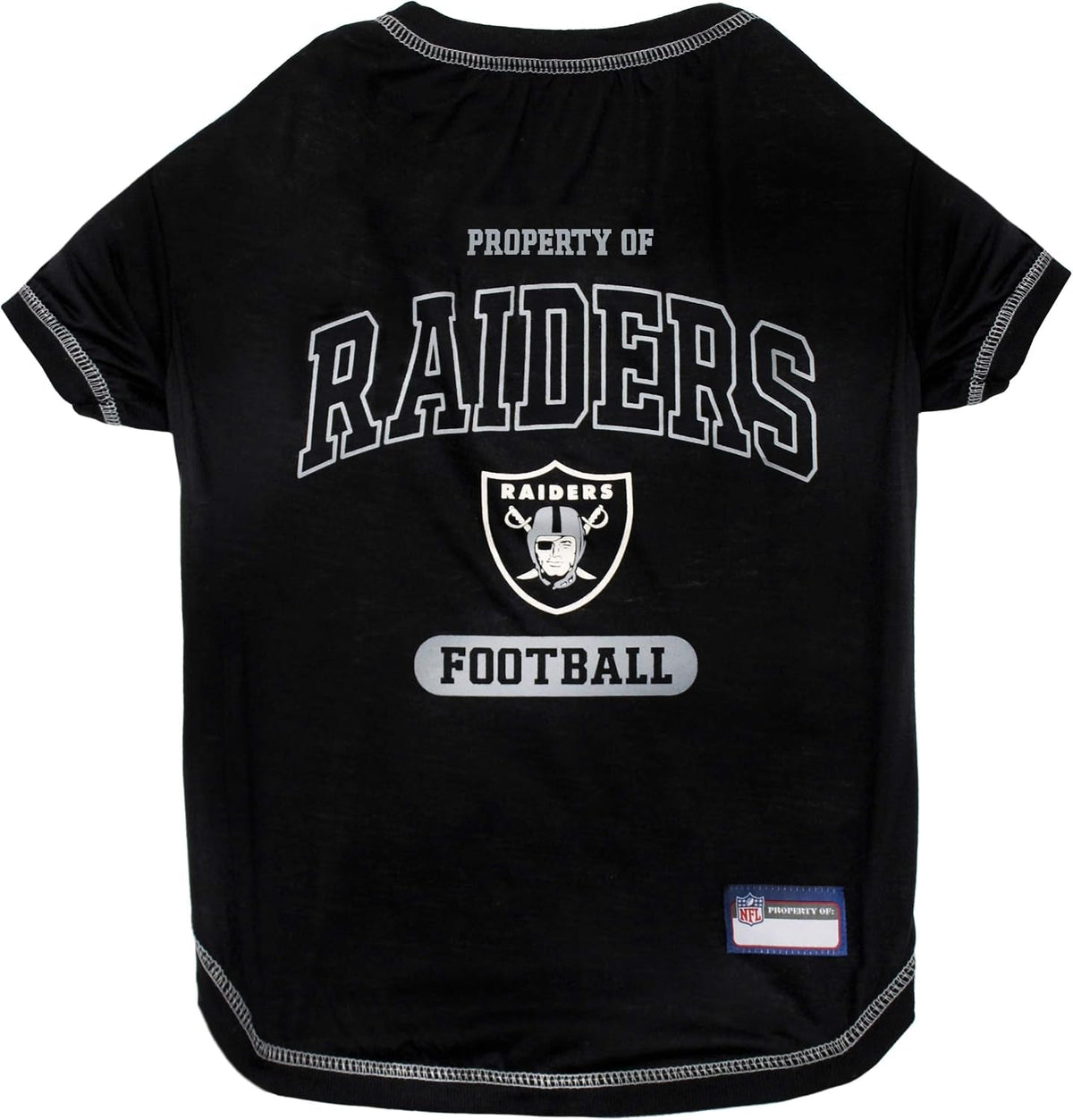Black dog t-shirt featuring the Oakland Raiders logo and 'Property of Raiders Football' text on the front, with white contrast stitching along the edges.