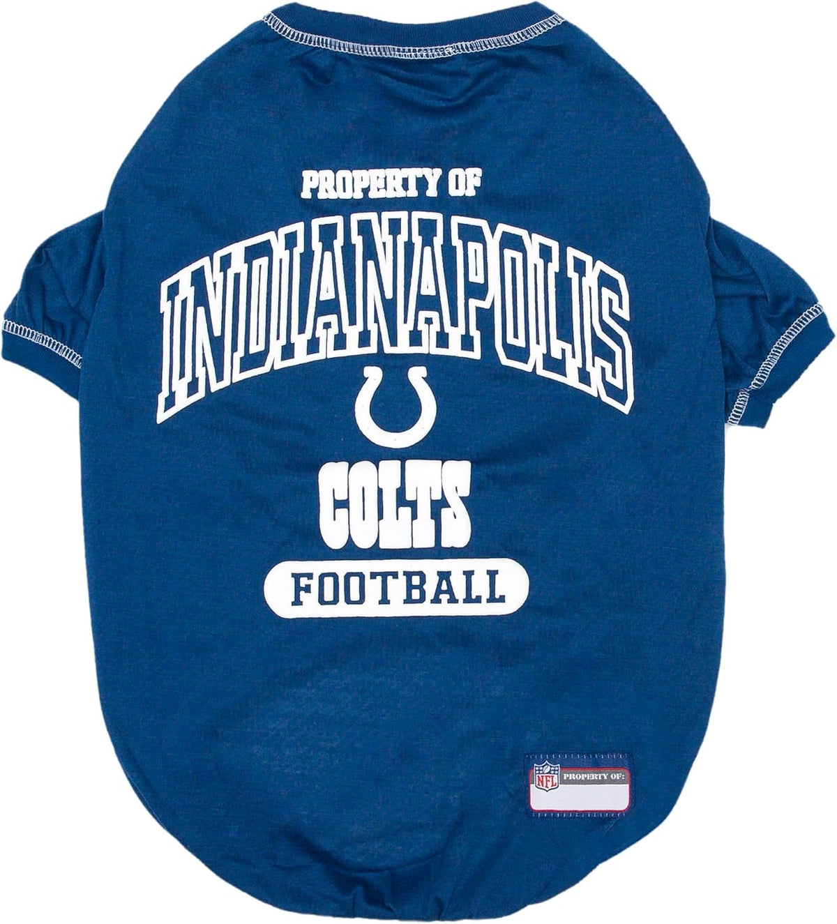A royal blue dog t-shirt featuring 'PROPERTY OF INDIANAPOLIS COLTS FOOTBALL' printed in white on the back, with the Colts horseshoe logo in the center. A small NFL 'Product of the NFL' patch is visible on the lower right hem.