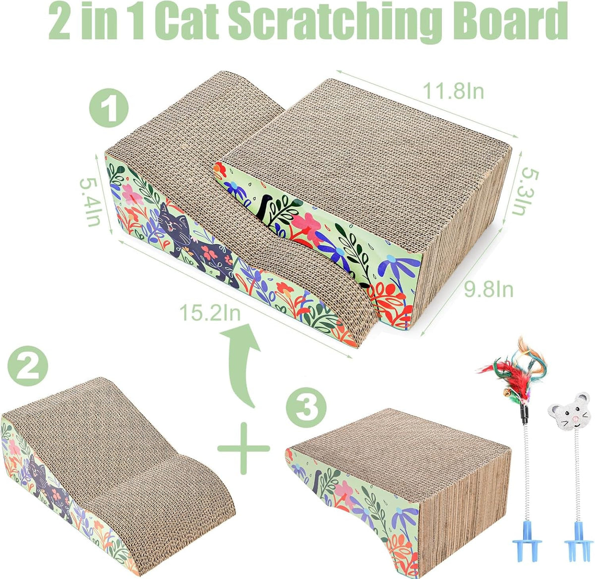 2-in-1 cat scratching board with floral patterns and dimensions on a white background