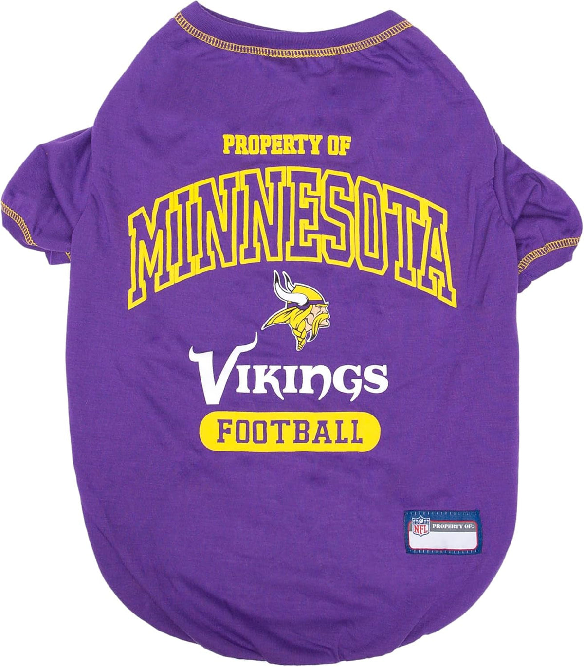A purple dog t-shirt featuring 'Property of Minnesota Vikings Football' printed on the back in yellow and white, with the Minnesota Vikings logo in the center.
