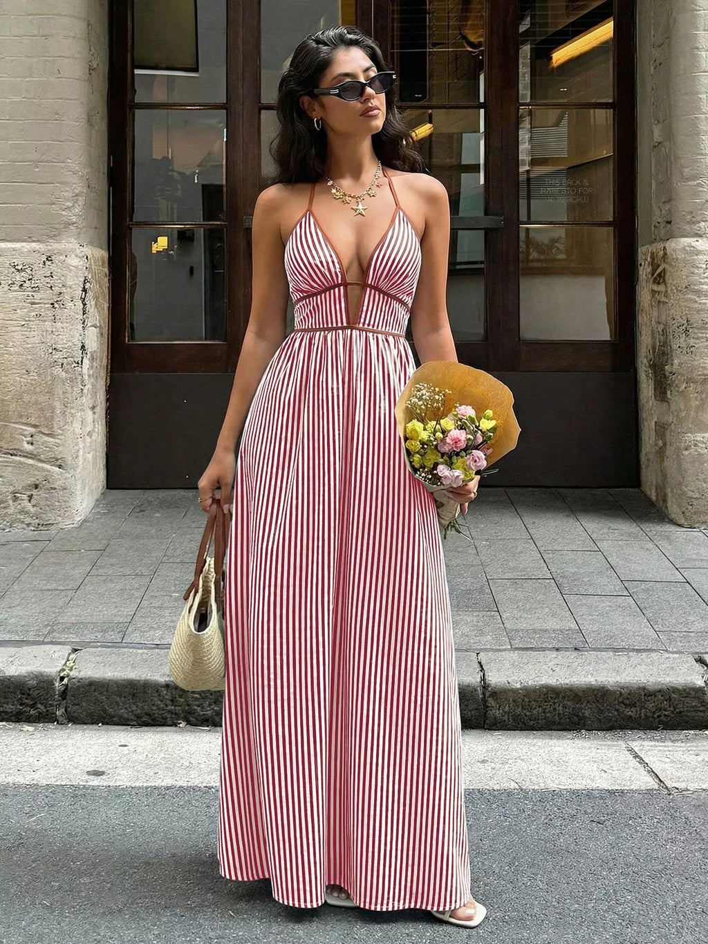 Striped Halter Neck Smocked Maxi Dress