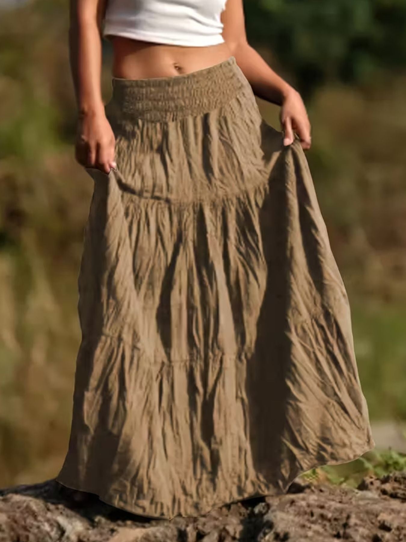 Women's Ruched Tiered Maxi Skirt | Bohemian Flowy Long Skirt