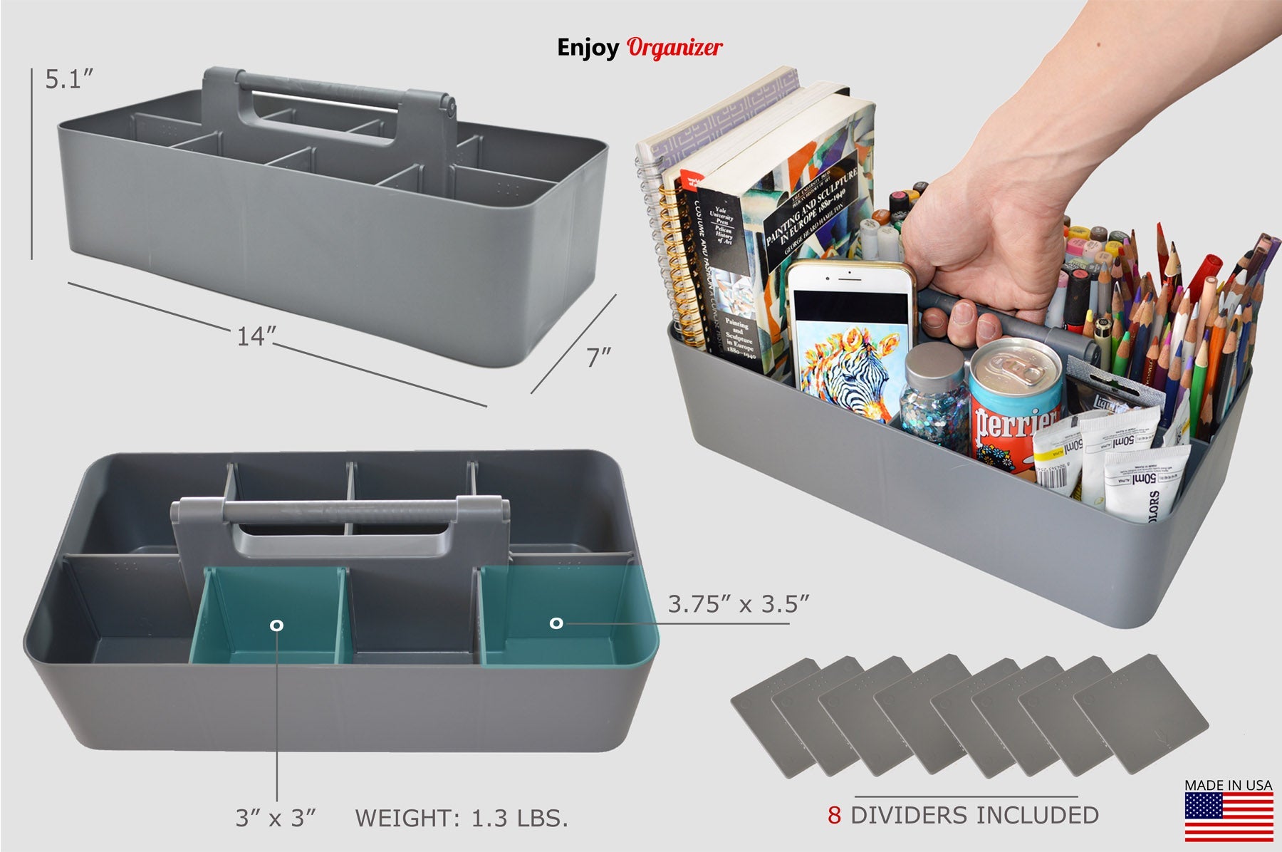 Portable Caddy Organizer 3-Pack – 8 DIY Compartments, Handle, Made in USA