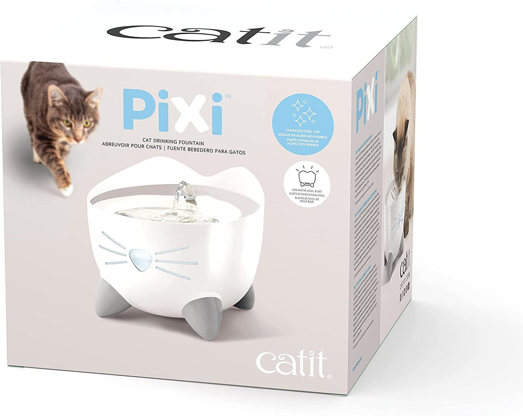 Catit Pixi cat water fountain packaging with a cat on the side