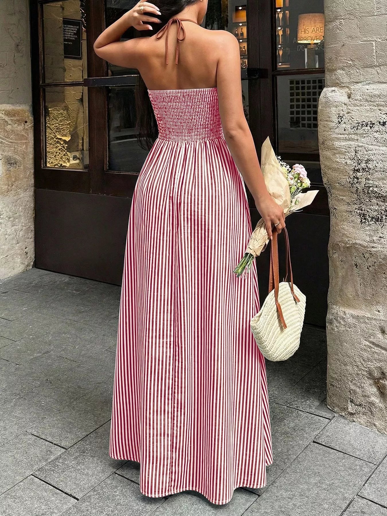 Striped Halter Neck Smocked Maxi Dress