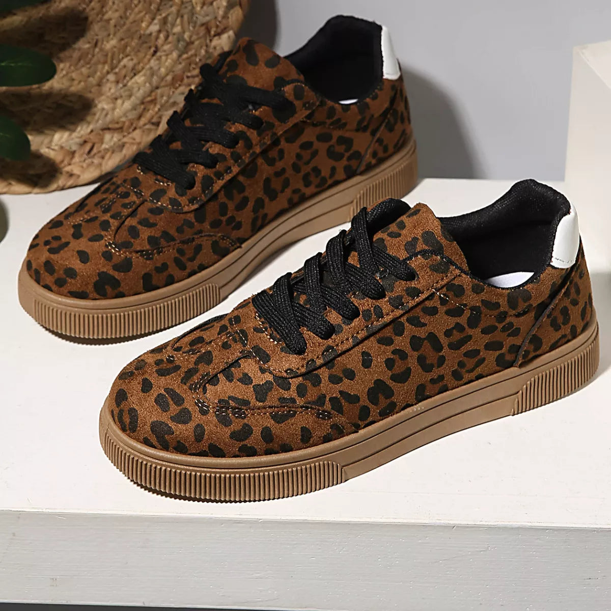 Women's Leopard Print Suede Lace-Up Sneakers | Casual Flat Shoes
