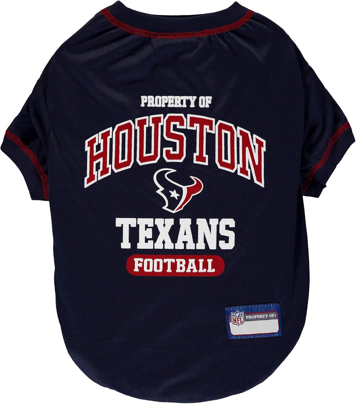 A navy blue dog jersey shirt featuring the Houston Texans Football logo and text on the front, with red and white accents and a small NFL patch near the bottom right.
