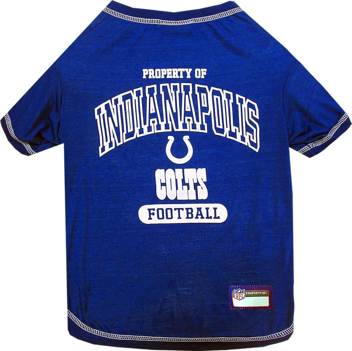 Blue pet shirt with 'Property of Indianapolis Colts Football' text on a white background