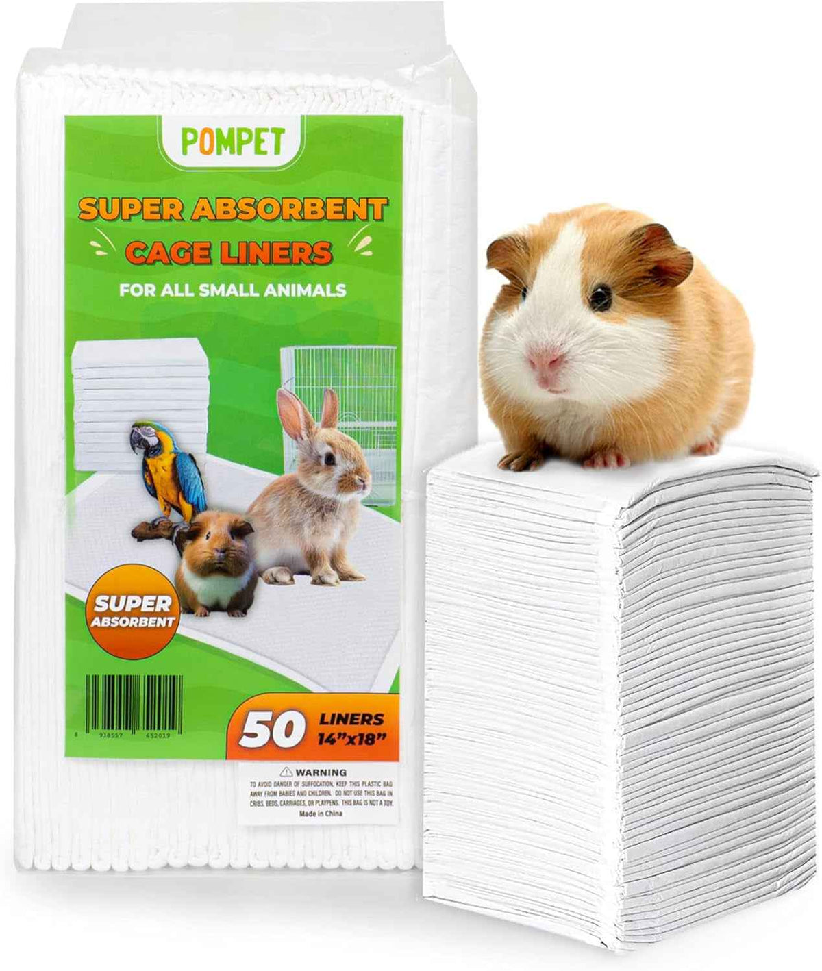Pompet Super Absorbent Cage Liners in a white package with a green label, shown next to a stack of white absorbent liners and a guinea pig sitting on top of the liners.