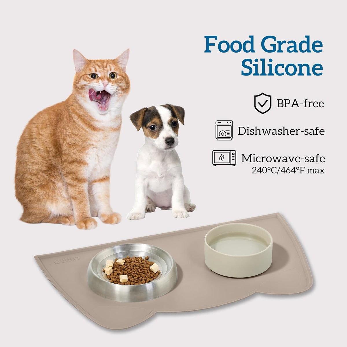 Pet mat with bowls of food and water, featuring a cat and a dog, on a light gray background.